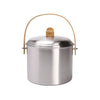 Stainless steel composter with wooden handle and lid on a white background