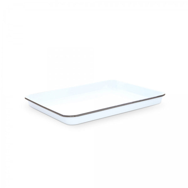 White rectangular tray with a black border on a white background
