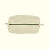A rectangular beige linen pouch with a dark green zipper, featuring a small fabric brand tab on each end that reads 'ambrosia', set against a solid off-white background.