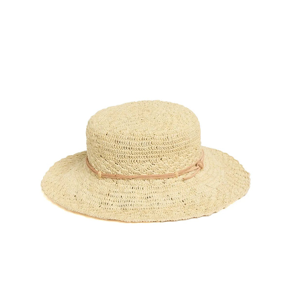 Beige straw hat with a wide brim on a white background