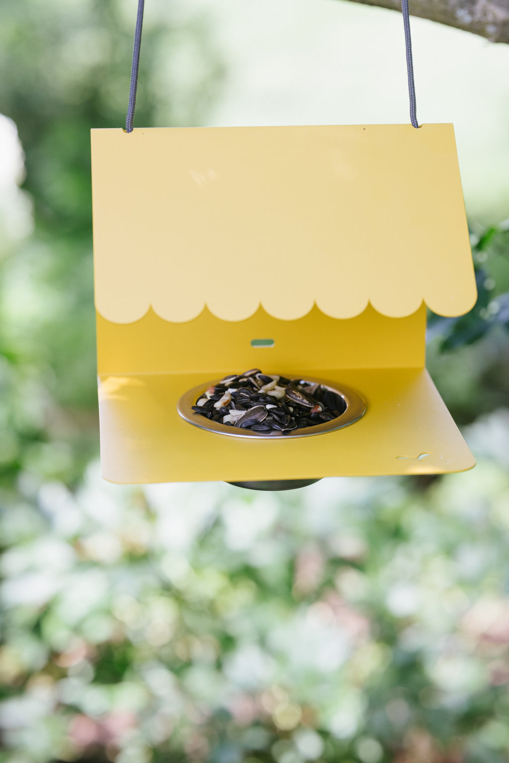Yellow bird feeder with seeds hanging against a blurred green background