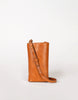 A brown Charlie Phone Bag with a striped cotton lining, featuring a main compartment, three card slots, and a tan strap.