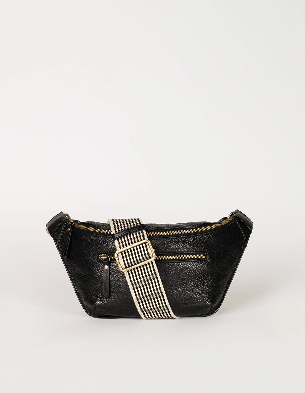 Black soft grain leather bum bag on white background