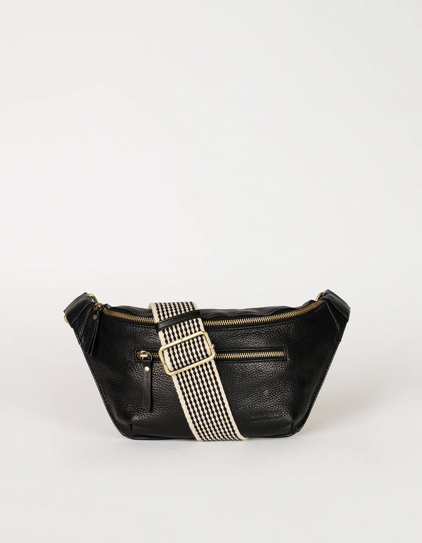 Black soft grain leather bum bag on white background