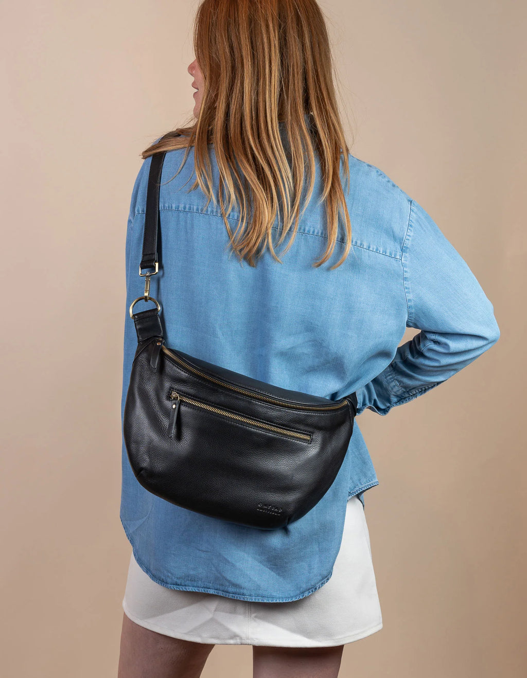 Women wearing Drew Maxi Black Soft Grain Leather Bum Bag