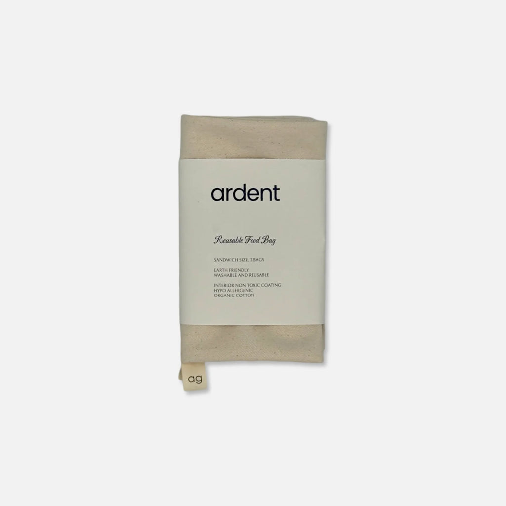 Beige reusable food bag with 'ardent' branding on a white background