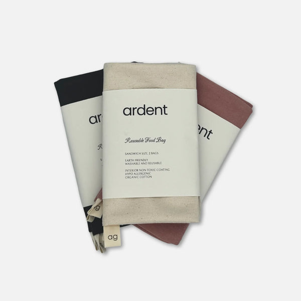 Set of reusable food bags with 'ardent' branding on a white background