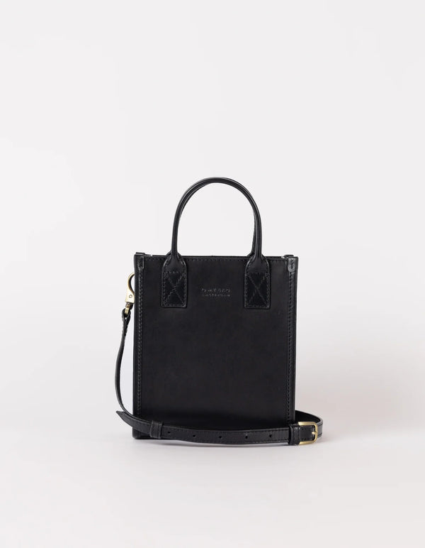A black leather bag with a structured silhouette, featuring a black leather adjustable strap, two handles.
