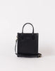 A black leather bag with a structured silhouette, featuring a black leather adjustable strap, two handles.