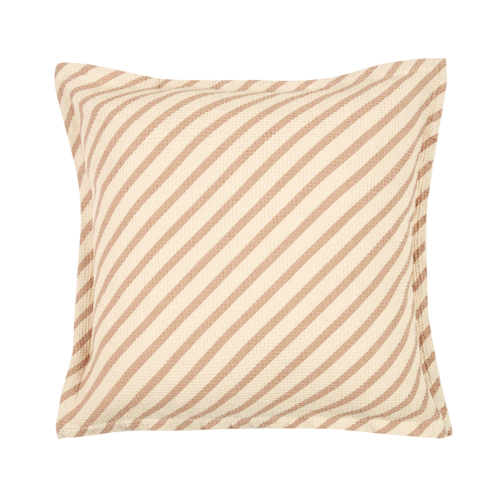 A square throw pillow with a striped pattern, neutral, beige and peach colors.