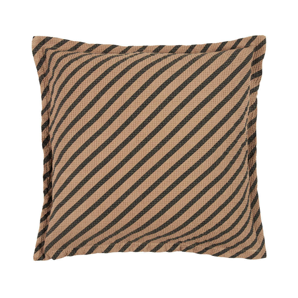 A square throw pillow with a striped pattern, sesame, beige and black colors.
