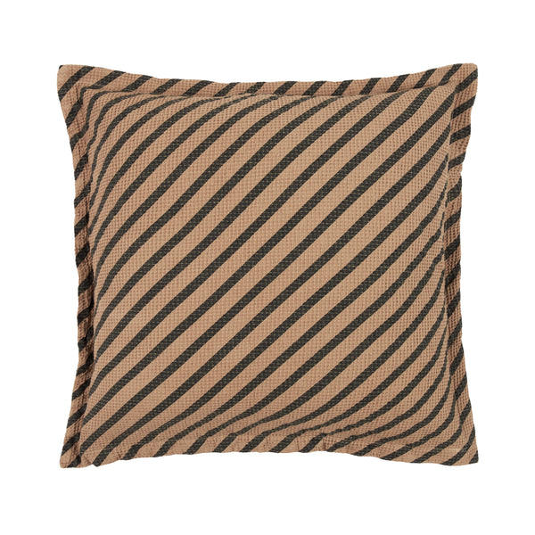 A square throw pillow with a striped pattern, sesame, beige and black colors.
