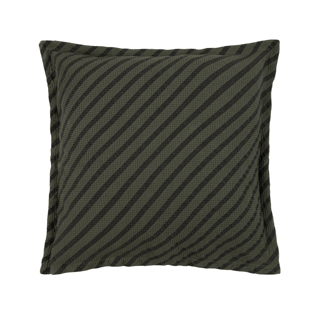 A square throw pillow with a striped pattern, vetiver, green and black colors.