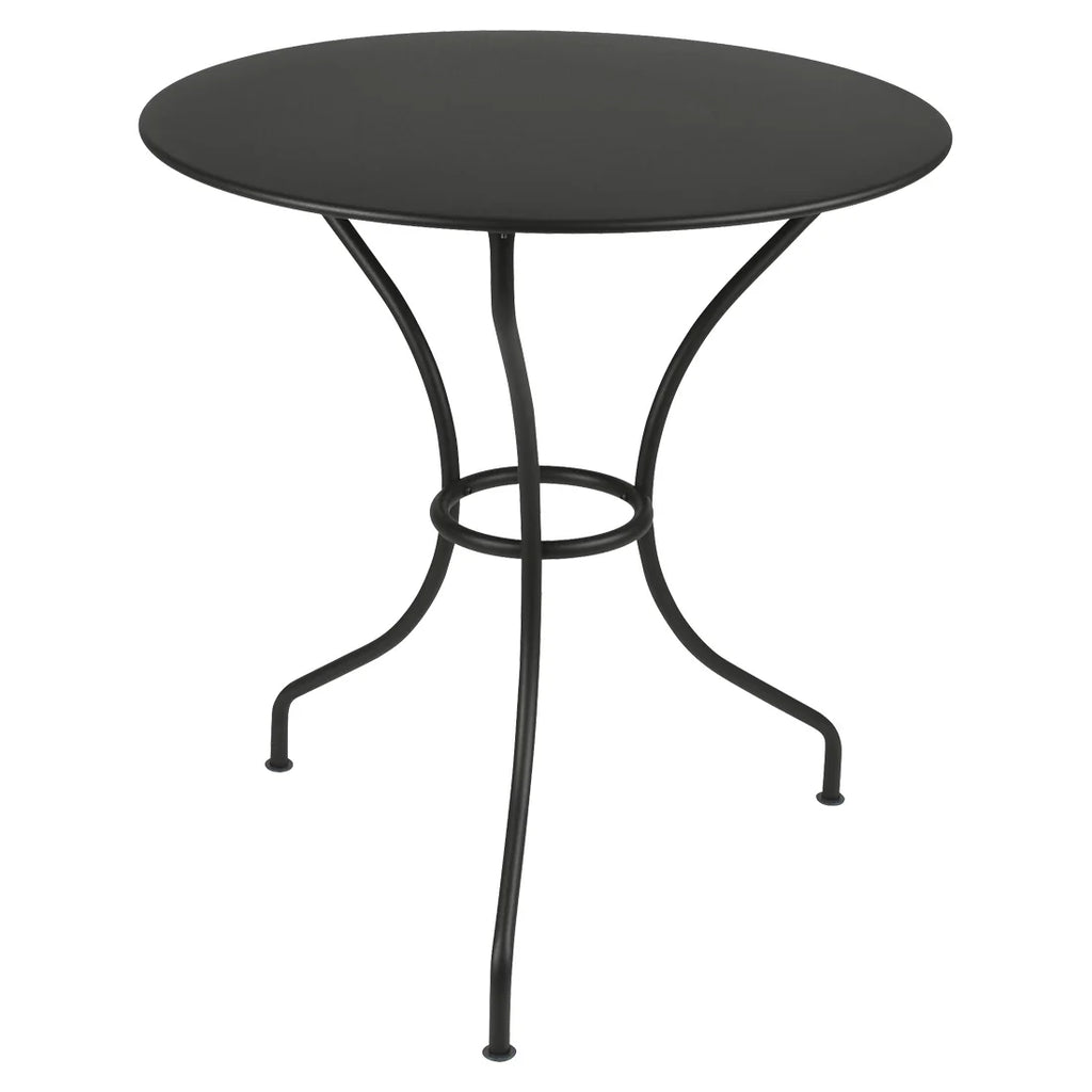 Outdoor black round 26" metal table with a pedestal base.