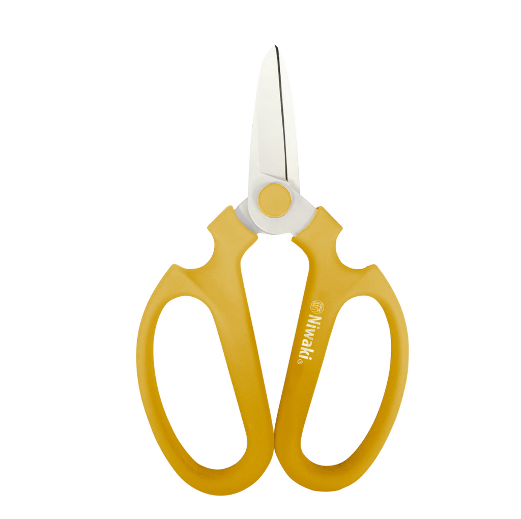 A pair of Niwaki Sakagen flower scissors with yellow ergonomic resin molded handles and silver blades.