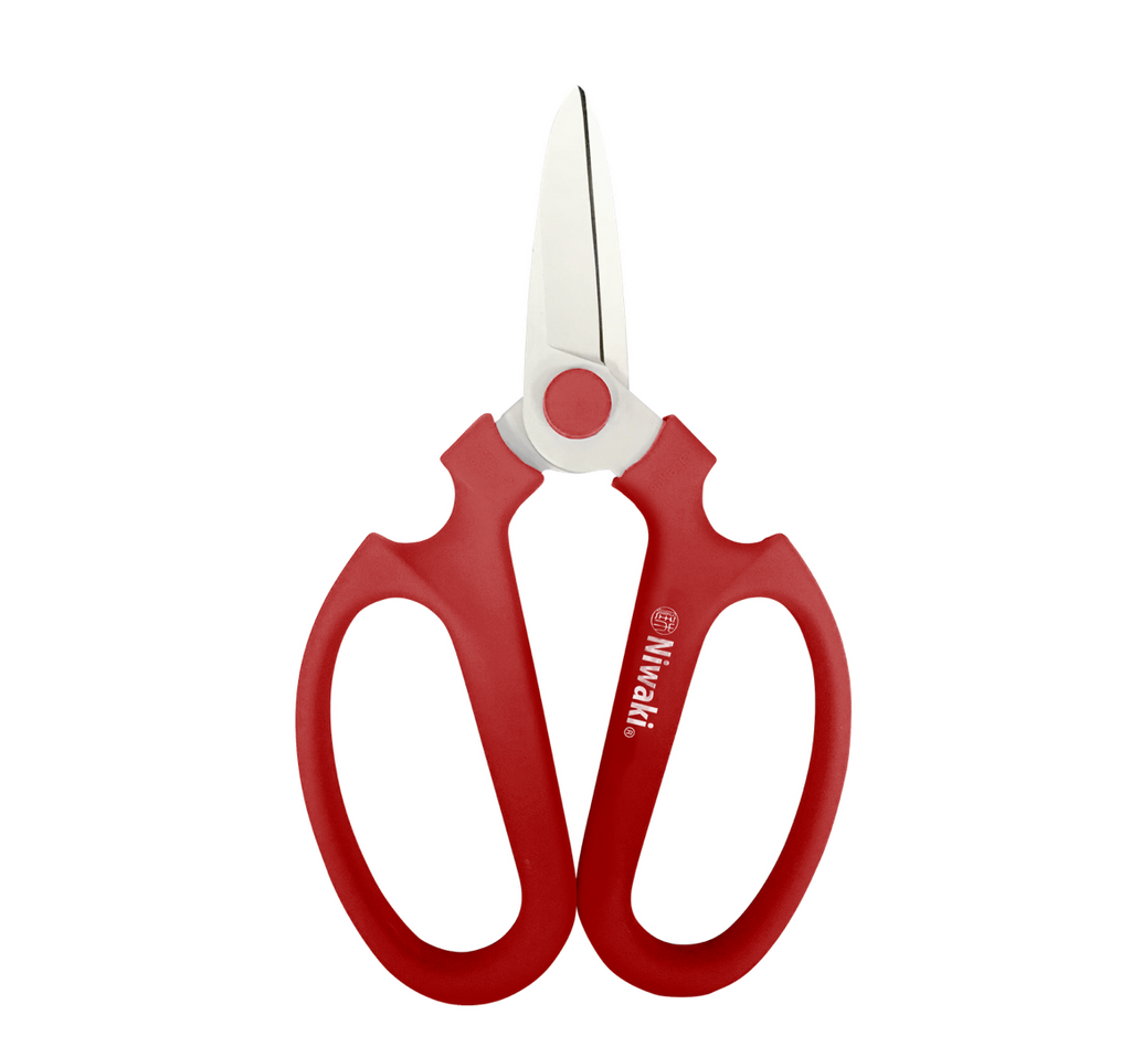 A pair of Niwaki Sakagen flower scissors with red ergonomic resin molded handles and silver blades.