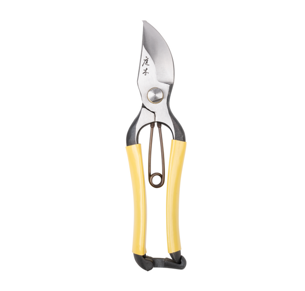 Right-handed pruning shears with yellow vinyl grip handles and carbon steel blades, isolated on a white background.