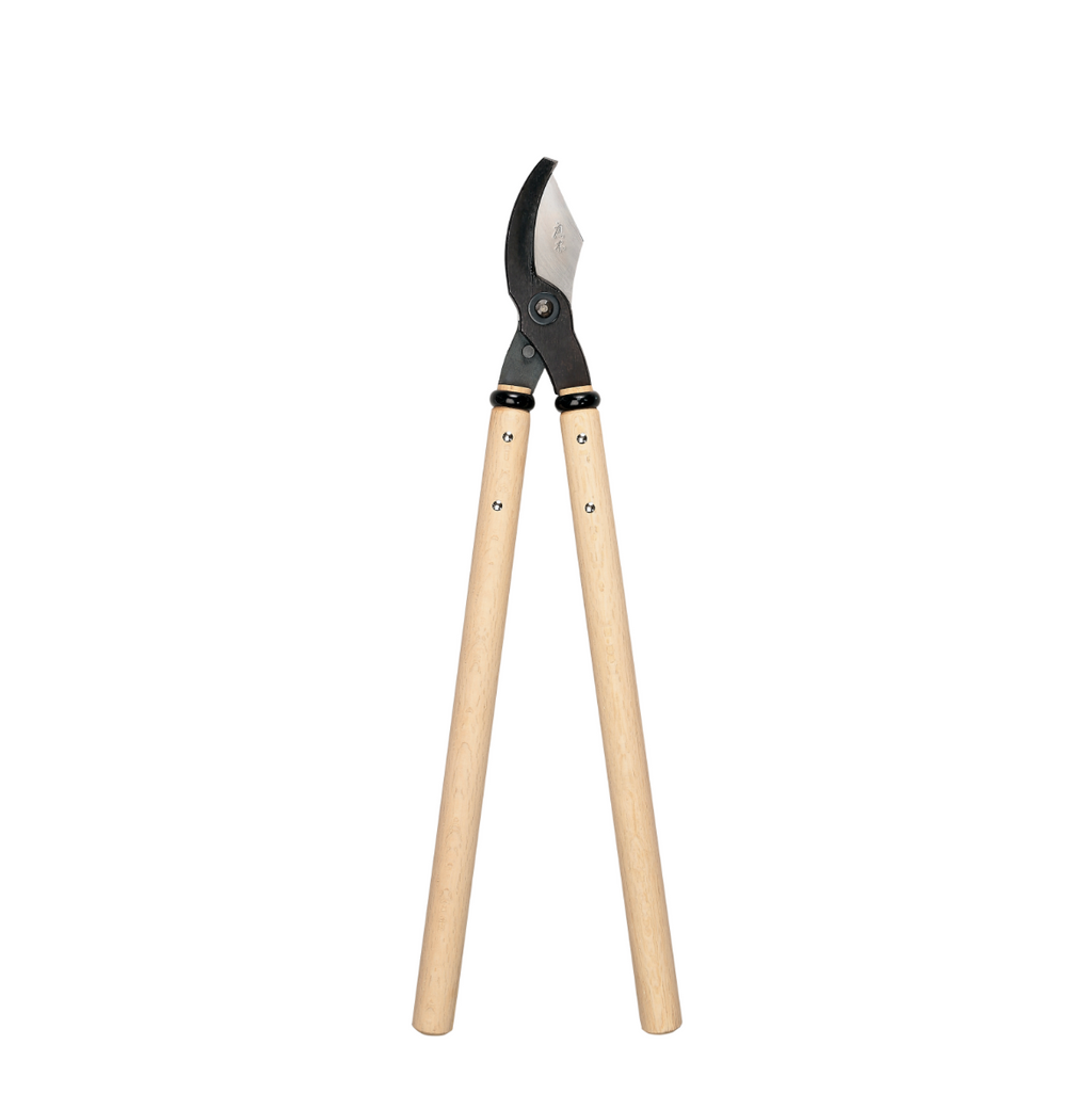 A pair of Niwaki brand Japanese loppers with wooden handles and carbon steel blades.