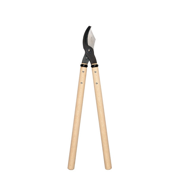 A pair of Niwaki brand Japanese loppers with wooden handles and carbon steel blades.