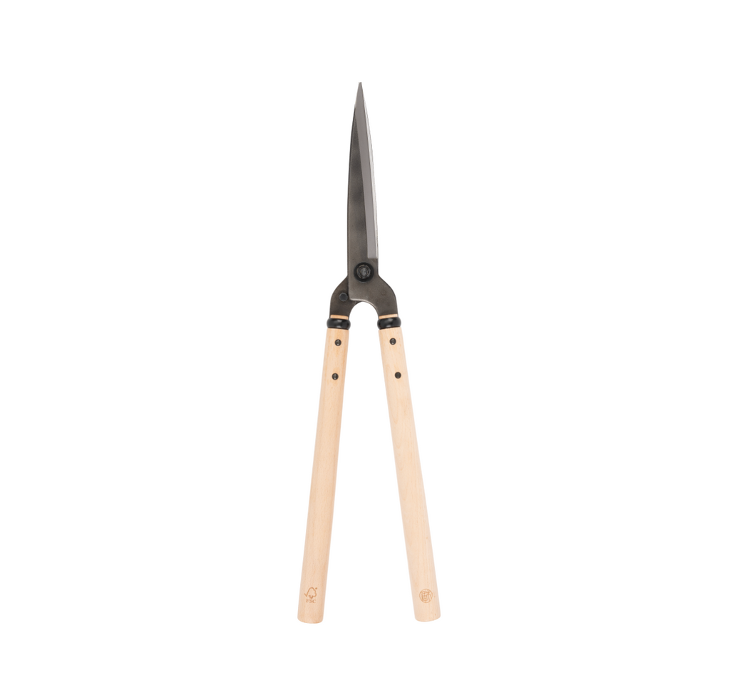 A pair of Niwaki garden shears with wooden handles and steel blades.