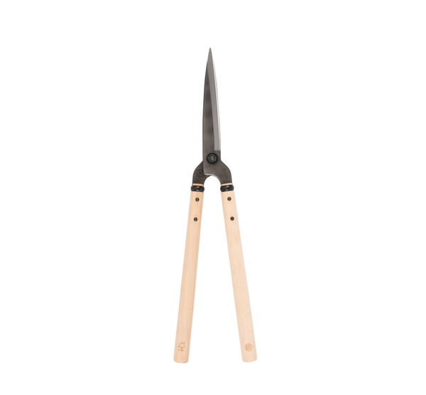 A pair of Niwaki garden shears with wooden handles and steel blades.