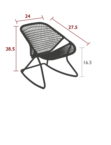 A black aluminum and fiber woven rocking chair with dimensions.