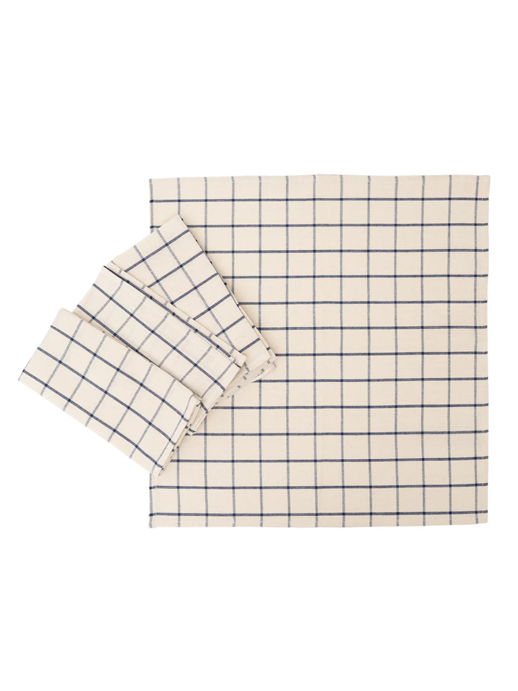 A collection of blue and white hand-dyed cotton table linens, including a tablecloth and napkins, displayed on a white background.