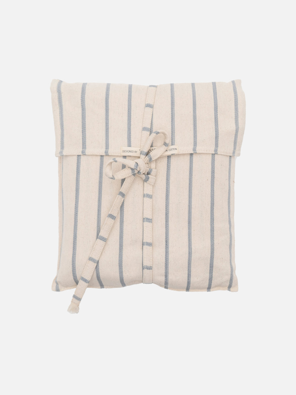 A striped cream and blue cotton throw blanket with fringes and a matching pouch, displayed neatly folded.