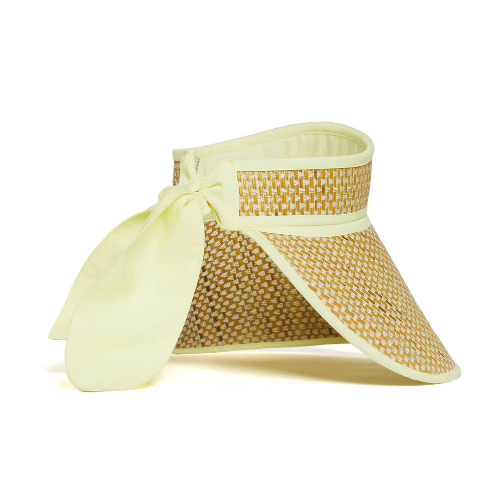 Yellow woven visor with a ribbon on a white background, back view