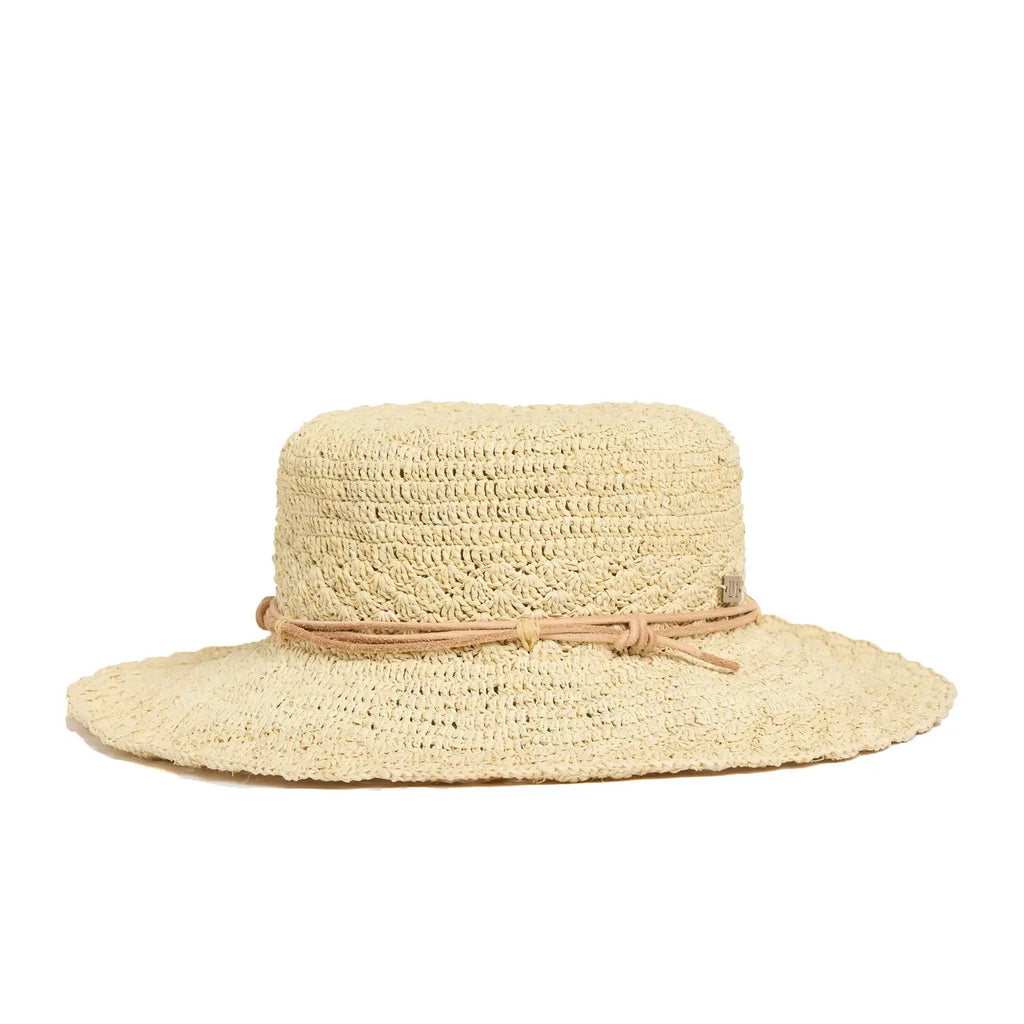 Beige straw hat with a wide brim on a white background, front view