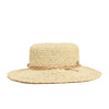 Beige straw hat with a wide brim on a white background, front view