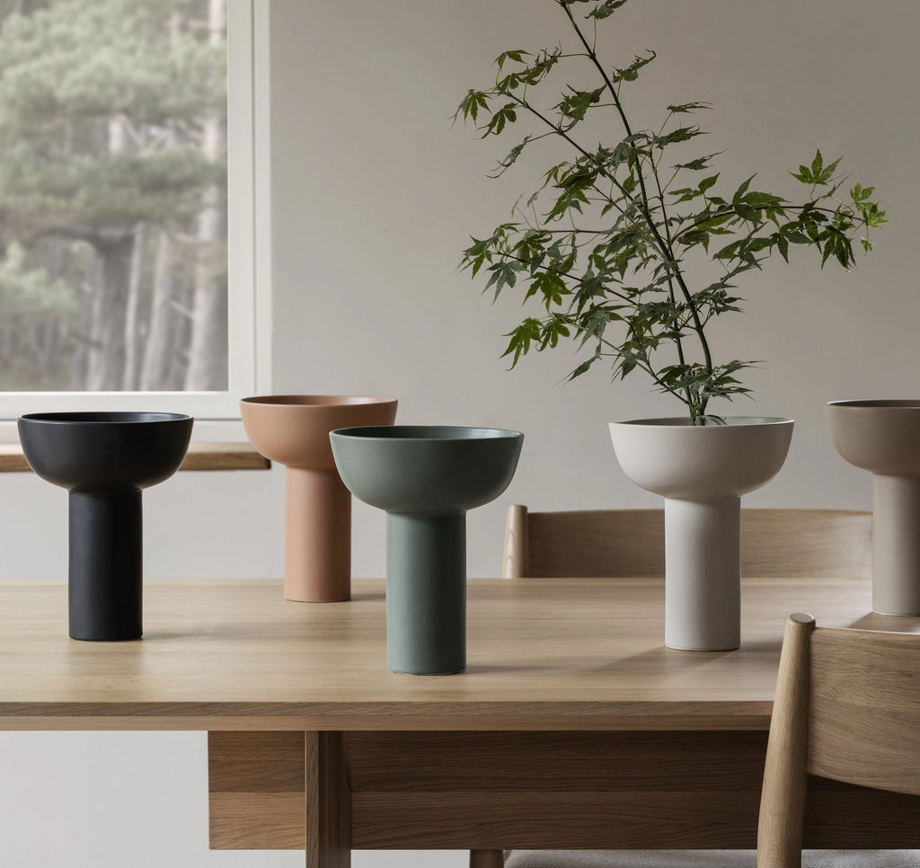 Set of modern planters on a wooden table with a neutral background