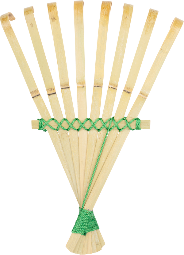 Bamboo hand rake with green string.