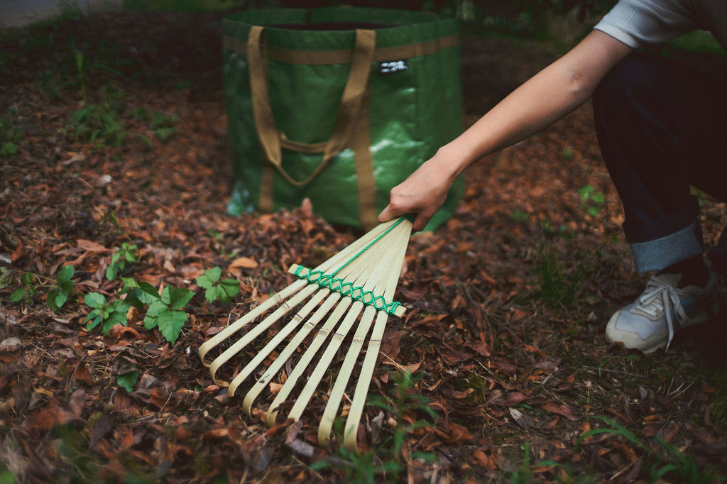 Person holding a rake with a green bag in the background