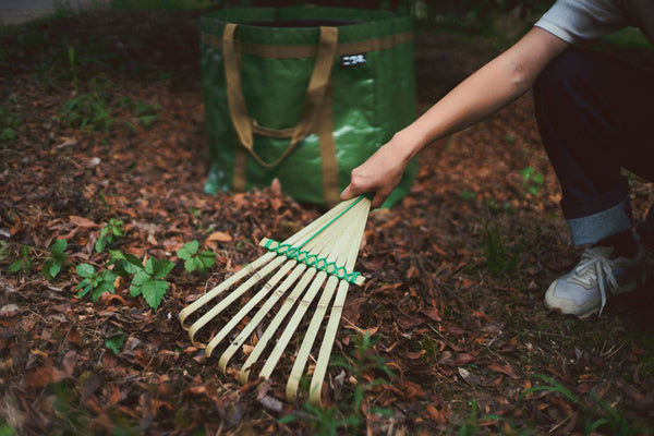 Person holding a rake with a green bag in the background