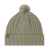 Sage green knit beanie with a pom-pom on a white background