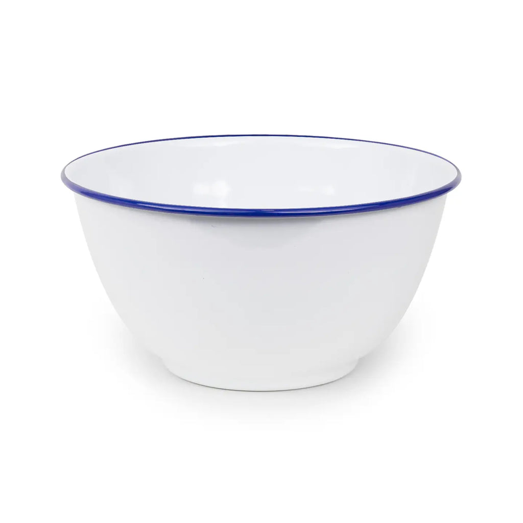 White bowl with a blue rim on a white background
