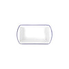 Rectangular white loaf tray with a blue rim on a white background