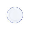 White plate with a blue rim on a white background