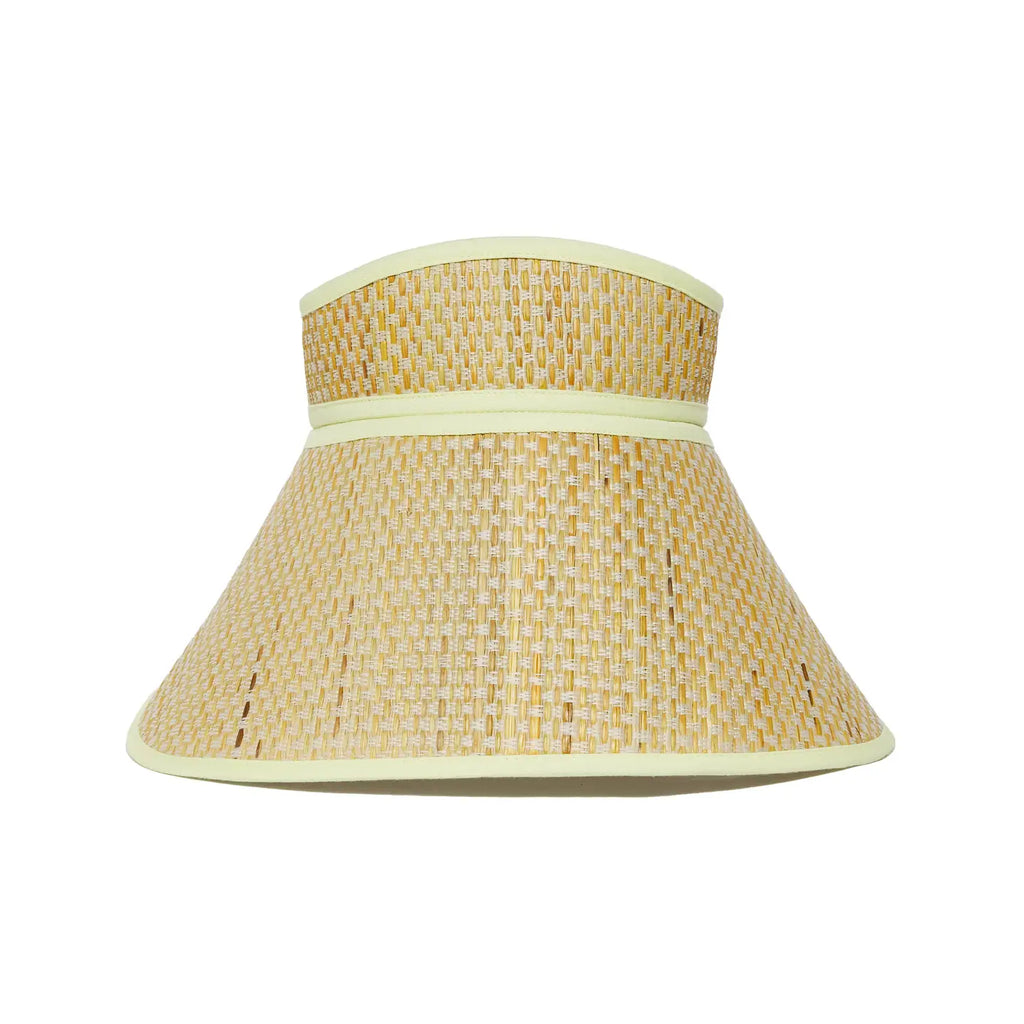 Yellow woven visor with a ribbon on a white background, front view