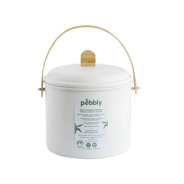 White container with a wooden handle and 'Pebbly' label on a white background