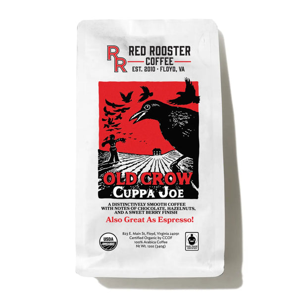 Red Rooster Coffee bag with a red and black design on a white background