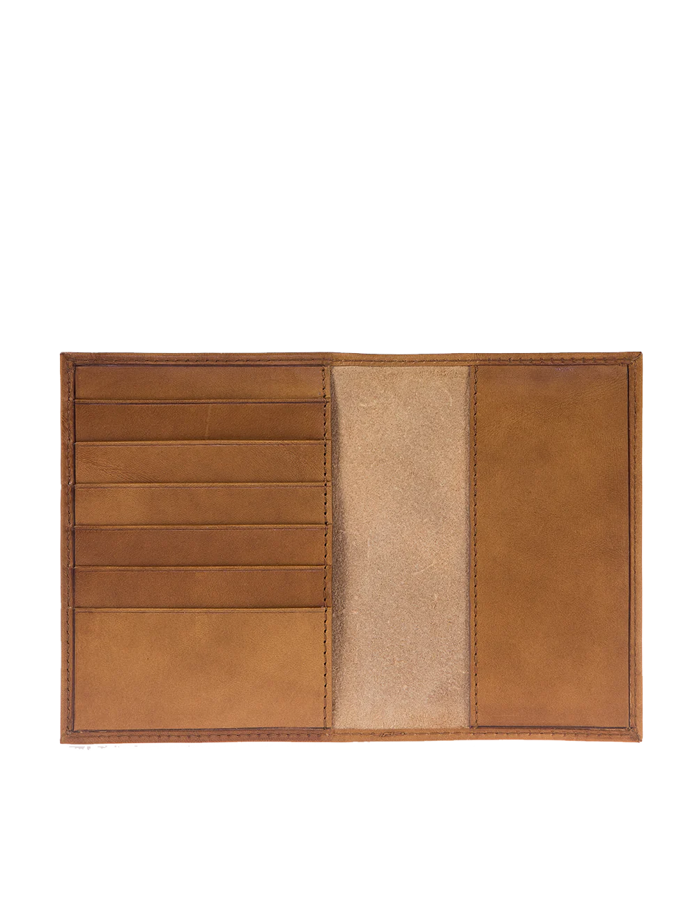 A brown passport holder displaying the inside credit card slots.