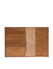 A brown passport holder displaying the inside credit card slots.