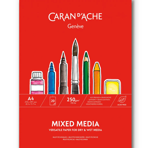 Caran d'Ache mixed media paper pad with illustration of art supplies on a red background