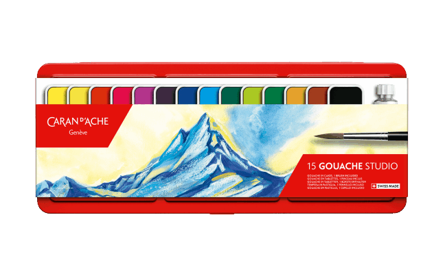 Caran d'Ache Gouache Studio set with mountain painting on a white background