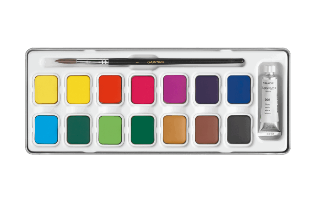 Watercolor paint set with a brush and a small bottle on a white background