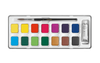 Watercolor paint set with a brush and a small bottle on a white background