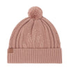 Blush pink knit beanie with embroidered leaves and a pom-pom on a white background