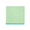 A square cotton napkin with a green and white gingham check pattern and a solid light blue-green fringed edge, displayed flat against a white background.